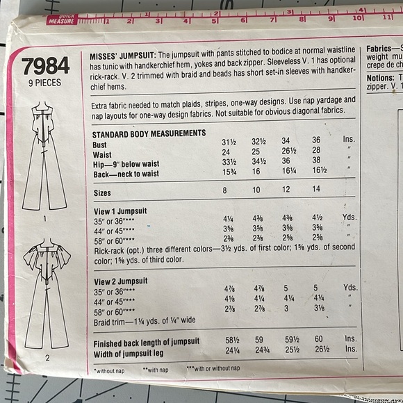 Vintage Simplicity jumpsuit sewing pattern 7984, Misses size 14, Bust 31-36, - Picture 3 of 5